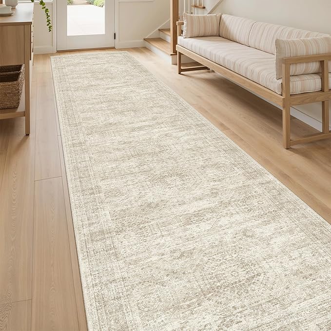 Runner Rug 2'6" x 10' Washable Non-Slip Runner Rugs for Kitchen Bathroom Laundry Room Vintage Ultra Thin Runners for Hallway Entryway Beige