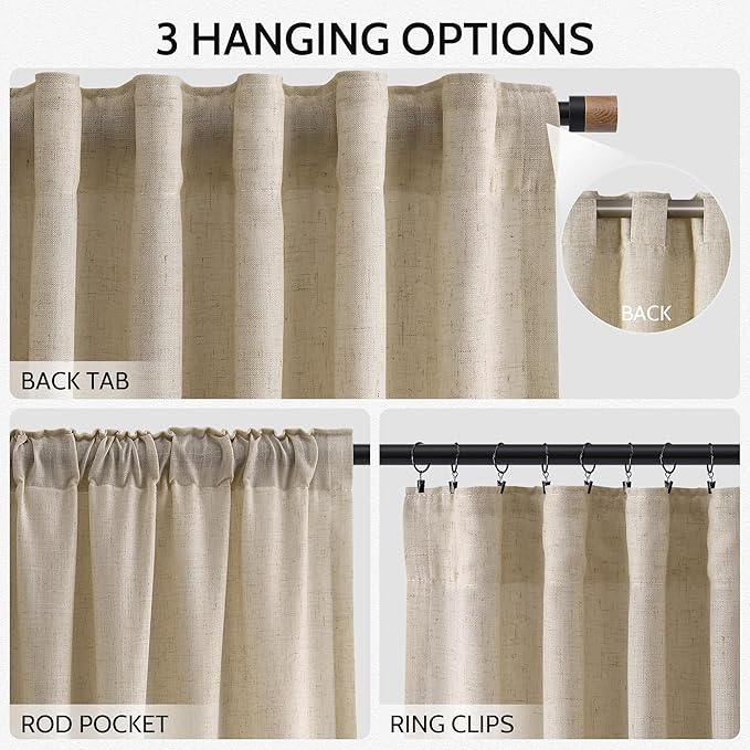 Taupe Burlywood Linen 112 Inch Curtains for Living Room Light Filtering Semi Sheer Curtain Back Tab Rustic Modern Farmhouse Decor Drapes Floor to Ceiling High Window for Bedroom 52x112, 2 Panels