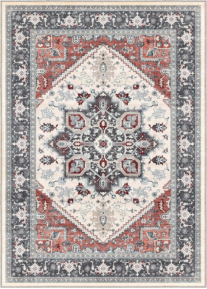 OPPODREAM Soft Area Rugs 4x6, Low-Pile Washable Rugs 4x6 with Non Slip Backing, Faux Cashmere 4 x 6 Throw Carpet, Black & Red