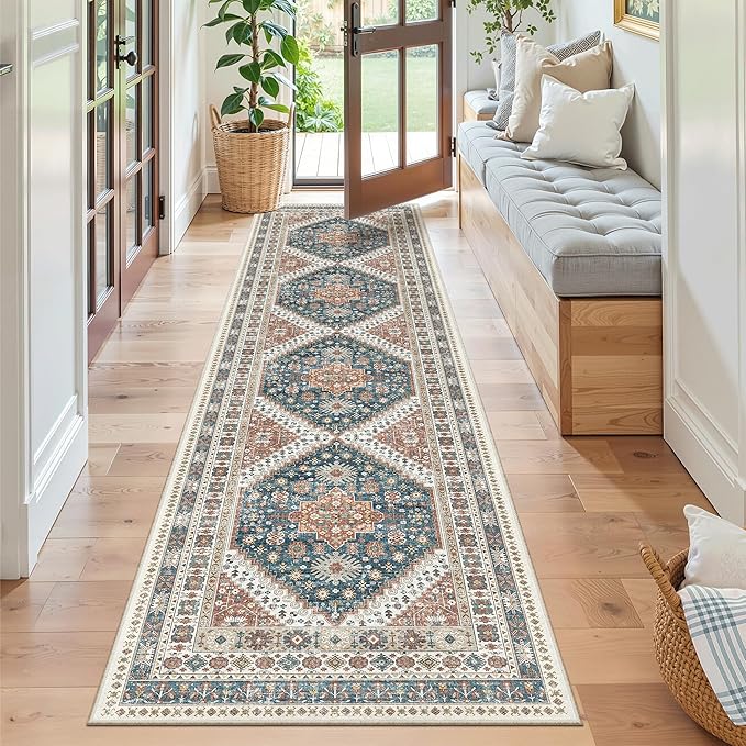 Madane Runner Rug 2x8, Washable Hallway Runner Rugs, Non-Slip Low-Pile Soft Kitchen Rug Runner Laundry Room Rug, Vintage Throw Entry Foyer Mat for Entrance Living Room (Navy Blue, 2 x 8)