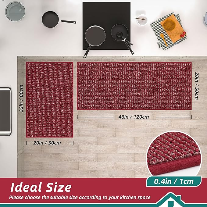 BEQHAUSE Kitchen Rugs and Mats 2PCS, Non-Slip Kitchen Mats for Floor, Absorbent and Stain Resistant Kitchen Runner, Machine Washable Rugs for Kitchen, Laundry & Sink, 20"x32"+20"x48", Red