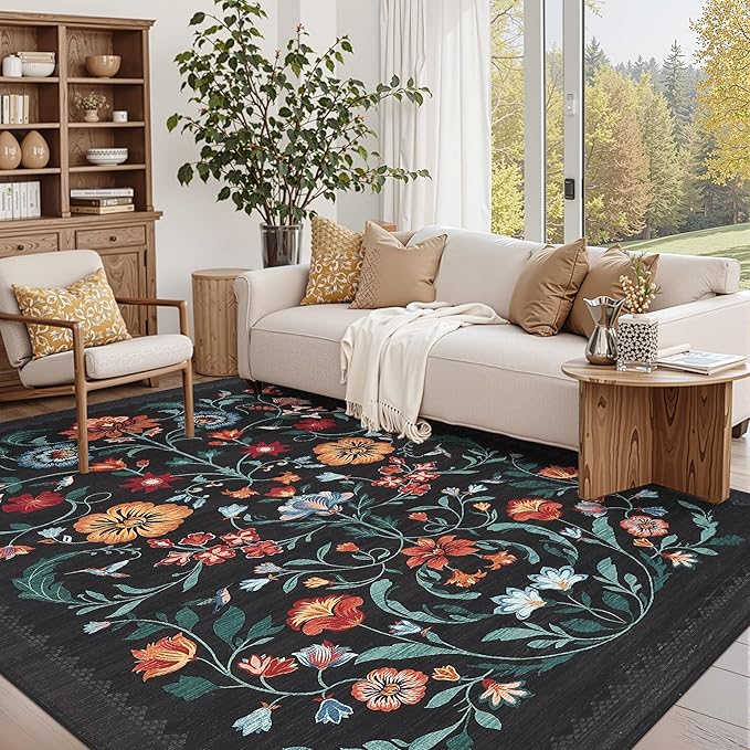 GarveeHome Washable Rug 8x10 Area Rugs for Living Room, Floral Rug for Bedroom, Soft Vintage Non Slip Throw Rugs with Rubber Back, Low Pile Stain Resistant Boho Floral Carpet for Dining Room, Black