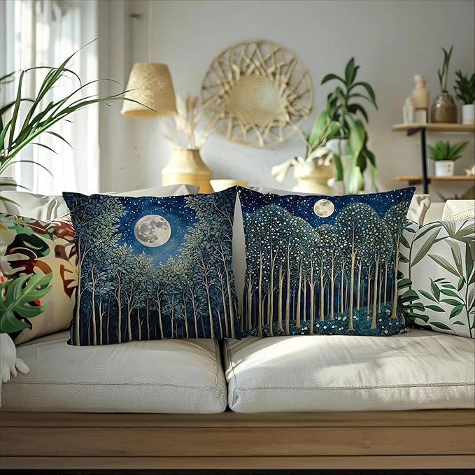Vintage William Morris Moon Inspired Forest Green Decor Throw Pillow Covers 18x18 Set of 2,Rustic Botanical Nature Decorative Throw Pillow Covers for Home Bedroom Living Room