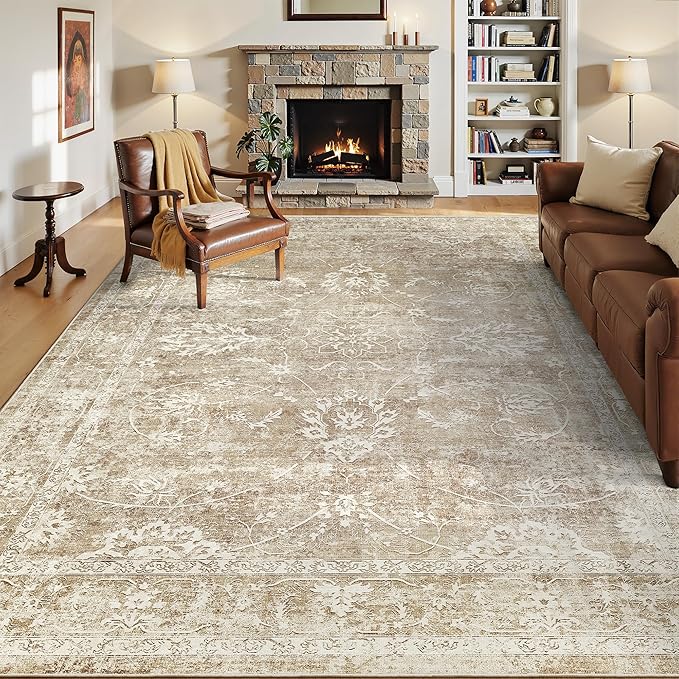 Madane 5x7 Area Rugs for Living Room, Washable Vintage Natural Rug with Non-Slip Backing, Soft Floral Print Throw Rugs Floor Low Pile Carpet for Bedroom Dining Room Farmhouse (5 x 7, Beige/Brown)
