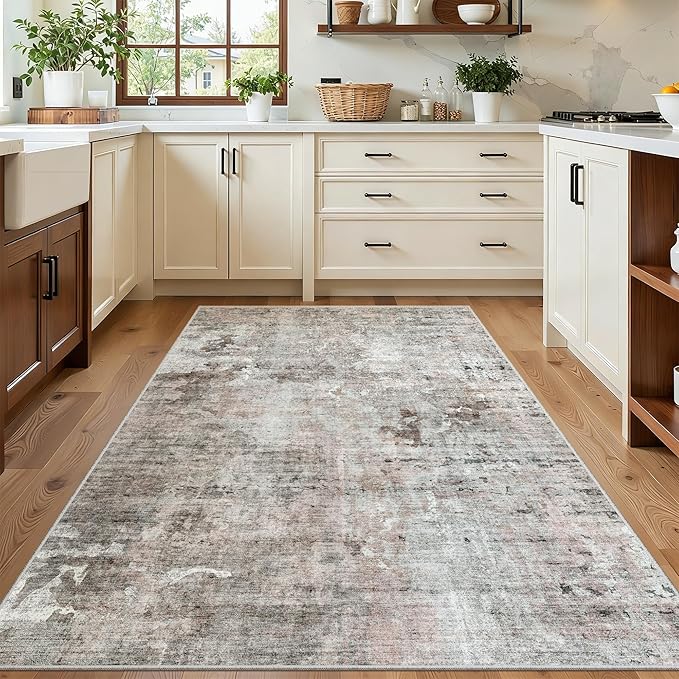 Area Rugs 4x6 for Living Room, Vintage Washable Rugs for Dining Room, Kitchen, Non-Slip Area Rug Pink Grey