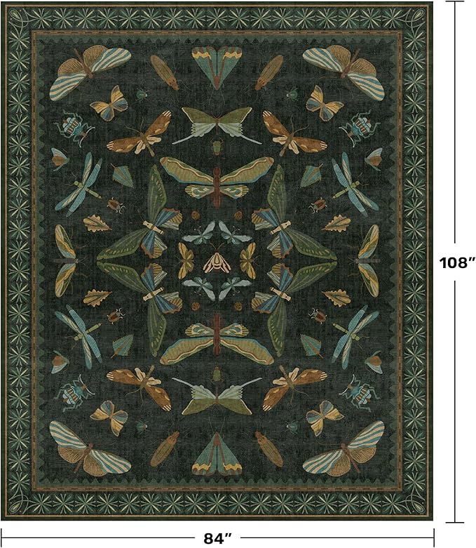 Hazo Haus 7x9 Insect Dark Green Rugs for Living Room, Boho & Forest Design Area Rug for Dining Room Under Table, Bedroom, Unique Washable Floral Non Slip Low Pile Soft Rug