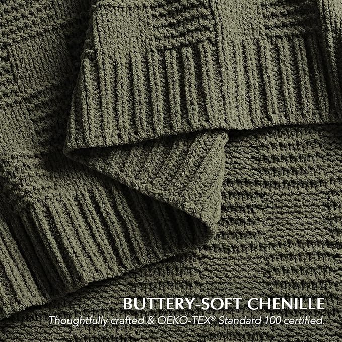 EVERGRACEHOME Modern Checkered Chenille Throw Blanket, Soft Cozy Plaid Knitted Chair Blanket for Sofa Couch, Decorative Knit Throw for Bed and Living Room, Olive Green, 50" x 60"
