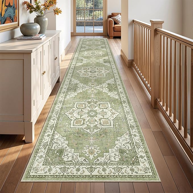 Runner Rug 2x10, Ultra-Thin Kitchen Rugs Non Slip Washable Rugs for Entryway Rug, Kitchen Runner Low Pile Vintage Soft Carpets for Living Room, Bathroom Bedroom (Light Green,2'x10')