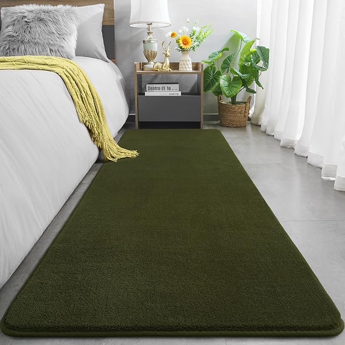 Amearea Modern Soft Hallway Runner Rug, 2x6 Fluffy Bedroom Bedside Rugs, Washable Long Runner Rugs for Hallway, Non Slip Memory Foam Rug Carpet for Entrance Kitchen Living Room Decor, Olive Green