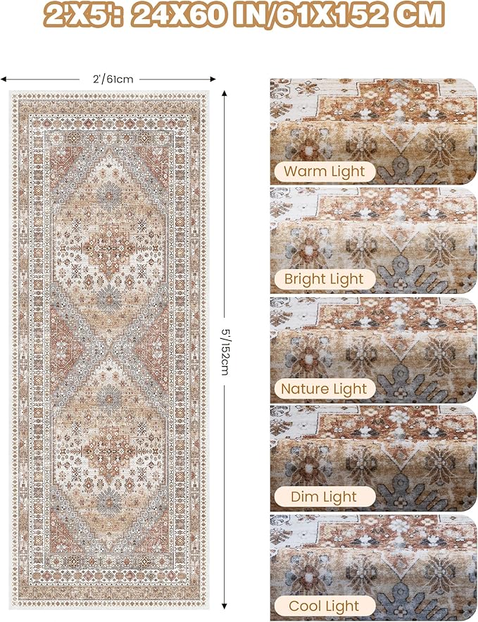2x5 Rug Runner Washable for Entryway, Soft Bathroom Rugs with Non-Slip Backing,Vintage Low Pile Stair Runner, Small Kitchen Carpet for Hallways, Laundry Room(Orange,2'x5')