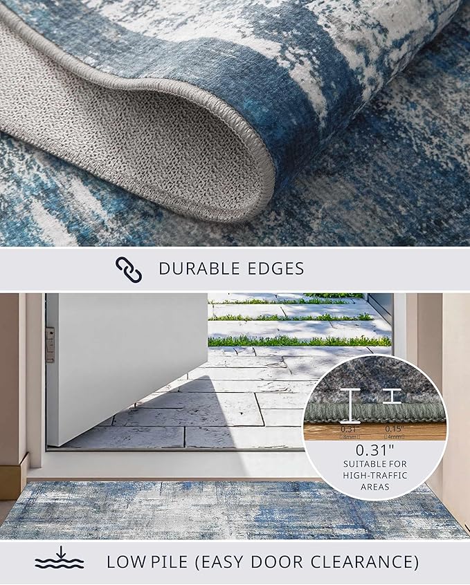 Latte&Fog 5x7 Area Rugs for Living Room Bedroom, Blue Modern Abstract Neutral Washable Rug, Boho Non Slip Low Pile Carpet for Dining Room,Dorm,Classroom,College Dorm and Farmhouse - Blue Grey
