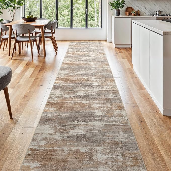 2'6''x16' Washable Kitchen Runner Rug: Modern Abstract Runners for Hallway Soft Non Slip Rugs with Rubber Backing Low Pile Thin Floor Carpet for Entryway Bedroom Bathroom Indoor(Brown/Brick,2'6''x16')