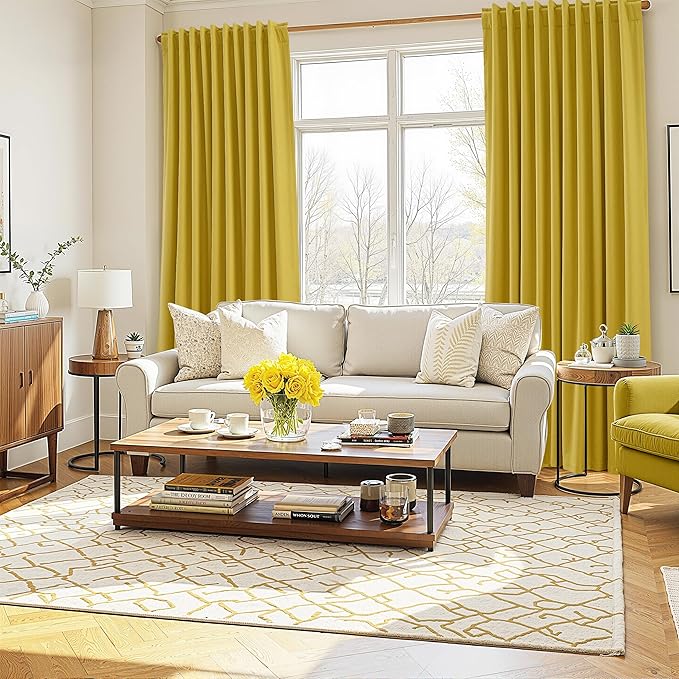 Guken Celery Yellow 100% Blackout Linen Curtains 102 Inch Length 2 Panels Set for Living Room Bedroom Back Tab Rod Pocket Thermal Insulated Black Out Drapes Room Darkening,52x102