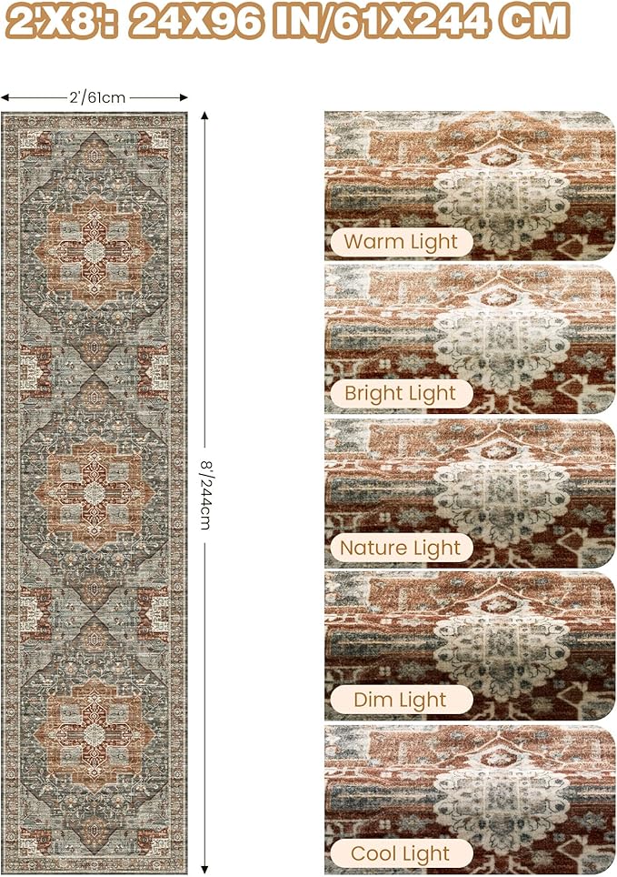 Runner Rug 2x8 Runners for Hallways Non Slip Washable, Vintage Hallway Runner Rugs for Living Room, Low Pile Soft Hallway Rug for Kitchen Bedroom Laundry Room Rug(Grey/Brown/Tan,2'x8')