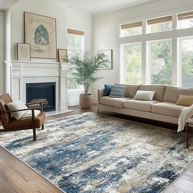 Area Rugs 5x8 for Living Room Bedroom, Modern Abstract Machine Washable Rug, Large Soft Low Pile Floor Carpet with Non Slip Backing for Dining Room, Navy Blue Beige