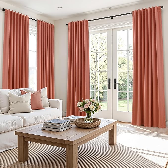 Guken Coral 100% Blackout Linen Curtains 108 Inch Length 2 Panels Set for Living Room Bedroom Back Tab Rod Pocket Thermal Insulated Farmhouse Black Out Drapes Room Darkening,52x108