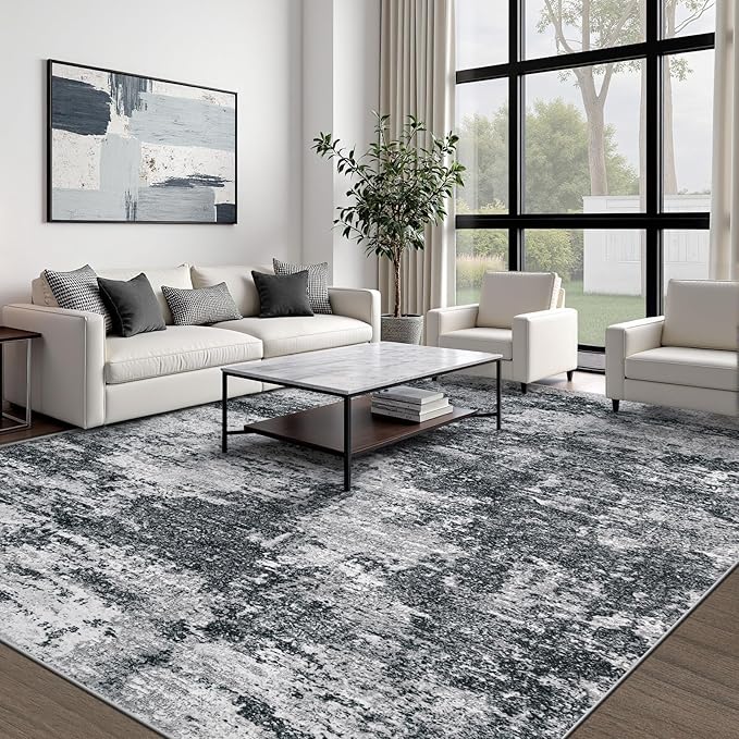 Area Rugs 10x14 Living Room: Washable Rug Modern Abstract Neutral Soft Non-Slip Low-Pile Indoor Large Carpet for Bedroom Dining Room Playroom Home Office (Black Grey, 10'x14')