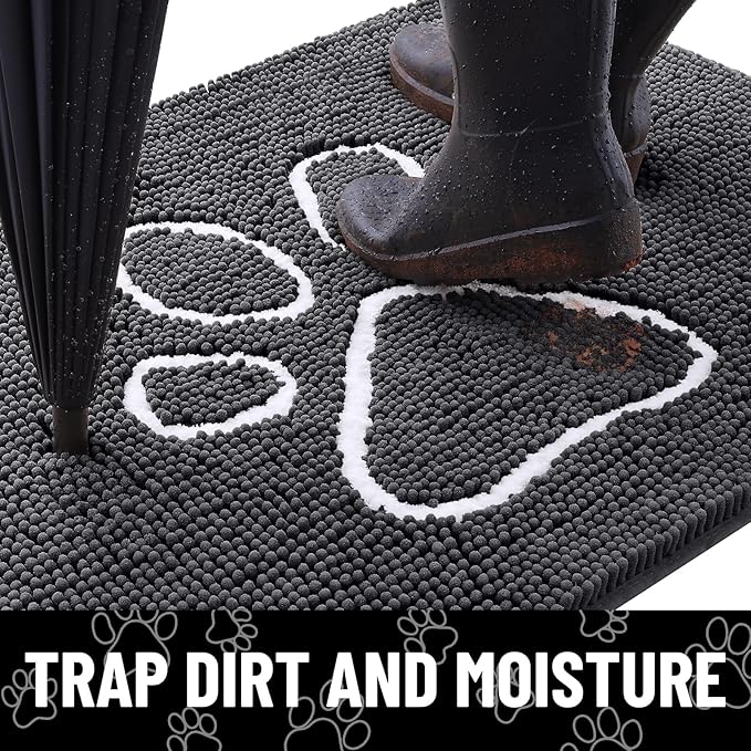 Smiry Dog Door Mat for Muddy Paws, Absorbent Dirt Trapper Non Slip Quick Dry Washable Chenille Mat for Mud Dogs, Entry Rug for Indoor and Outdoor (24x16 Inches, Dark Grey and White)