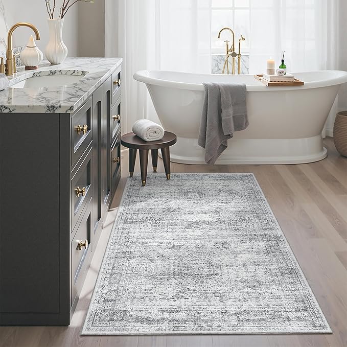 3x4 Rug, Small Area Rug for Kitchen, Entryway, Machine Washable Non-Slip Throw Rug, Vintage Carpet for Nursery Coffee Table Grey