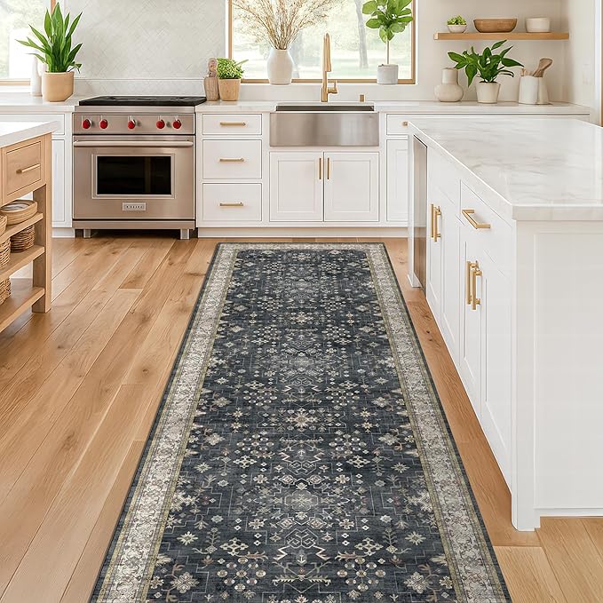 Black Washable 8ft Long Runners for Hallways, 2x8 Kitchen Runner Rug, Entryway Indoor Runner for Bathroom, Non Slip Boho Vintage Floor Décor for High Traffic Area