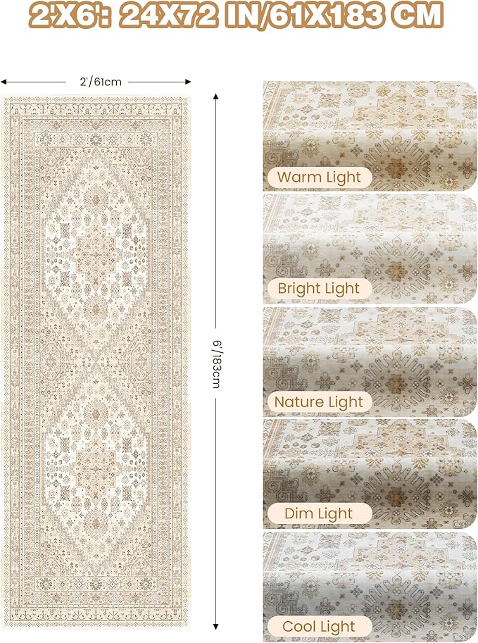 Runner Rug 2x6, Ultra-Thin Entryway Rug Non Slip Washable Rugs for Laundry Room, Runners for Hallways, Vintage Soft Rugs for Living Room, Kitchen, Bedroom(Cream/Beige,2'x6')