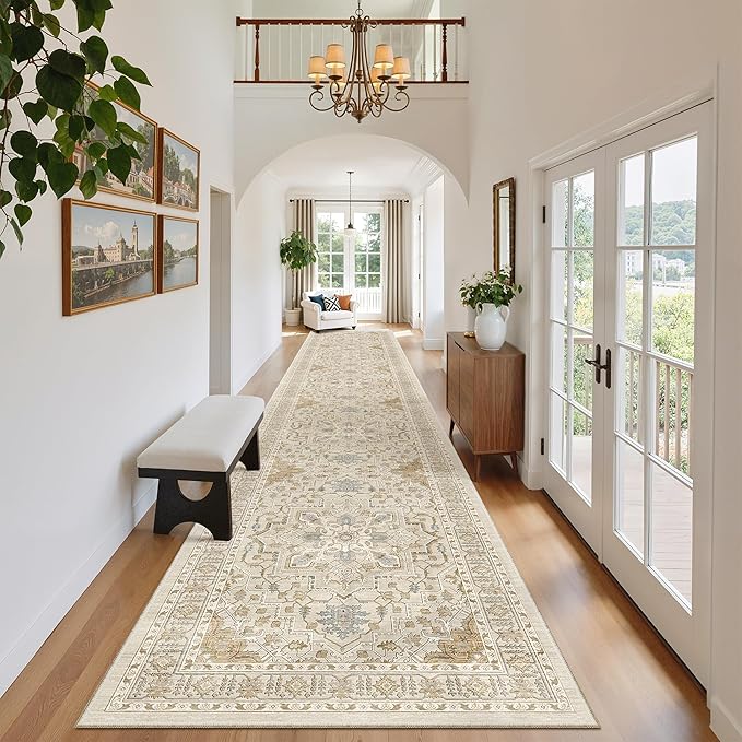 Madane Hallway Runner Rug 2'6''x16' Kitchen Runner - Non Slip Vintage Runners for Hallways Washable Kitchen Rugs Soft Low Pile 2.5x16 ft Rug Runners for Laundry Room, Entryway and Bedroom, Beige/Blue