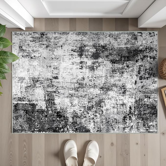 2x3 Small Washable Area Rug: Non-Slip Indoor Door Mat for Entrance Doorway Kitchen Bedroom Living Room - Abstract Farmhouse Throw Rug for Modern Home Decor Black Grey