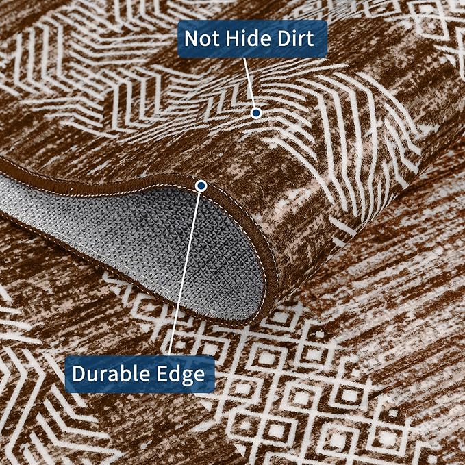 GarveeHome Washable Runner Rug 2x6 Modern Hallway Rug Non Slip Entryway Runner, Geometric Bordered Printed Carpets, Low Pile Thin Foldable Floor Mats, Soft Non Shedding for Kitchen Laundry, Brown