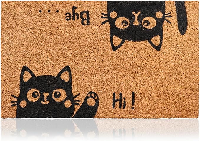 Hi-Bye Cat - 24"x36" - Coir Door Mat with Heavy Duty Backing - Welcome Mats for Entryway, Porch - Anti-Slip PVC & Coconut Fiber Surface - Natural Home Accessories, Minimalist Original Design