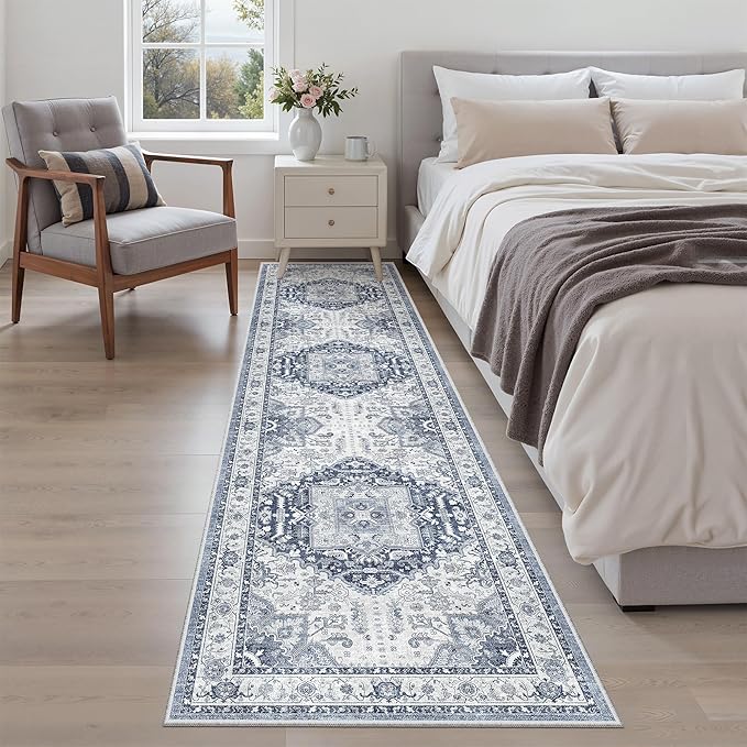 Madane Washable Runner Rug - 2x8 Runners for Hallways Kitchen Non-Slip Runner Rugs Ultra-Thin Laundry Room Rug Throw Carpet Runner for Entrance Living Dinning Room Foyer (Navy/White, 2 x 8)