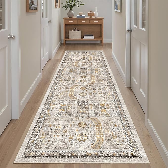 Madane Runner Rug 2'6''x8' Kitchen Runner, Hallway Runner Printed Vintage Washable Rugs Soft Non-Slip Low Pile 2.5x8 ft Runners for Hallways Laundry Room Rug Distressed Rug, Brown/Gold