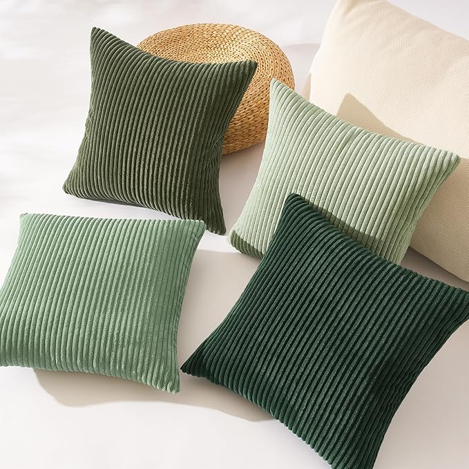 Topfinel LightGreen Boho CouchDecorative Throw Pillows Covers 18x18 Inch Set of 4,Olive Emerald Green Corduroy Soft Cushion Case,Rustic Fun Living Room Decor Green Gradient Cushion Covers(45×45cm)