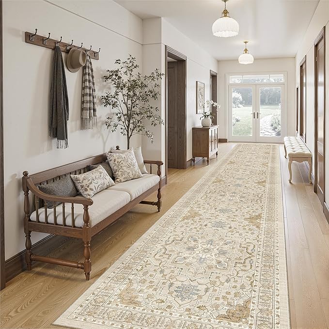 Madane Hallway Runner Rug 2'6''x16' Kitchen Runner - Non Slip Vintage Runners for Hallways Washable Kitchen Rugs Soft Low Pile 2.5x16 ft Rug Runners for Laundry Room, Entryway and Bedroom, Beige/Blue