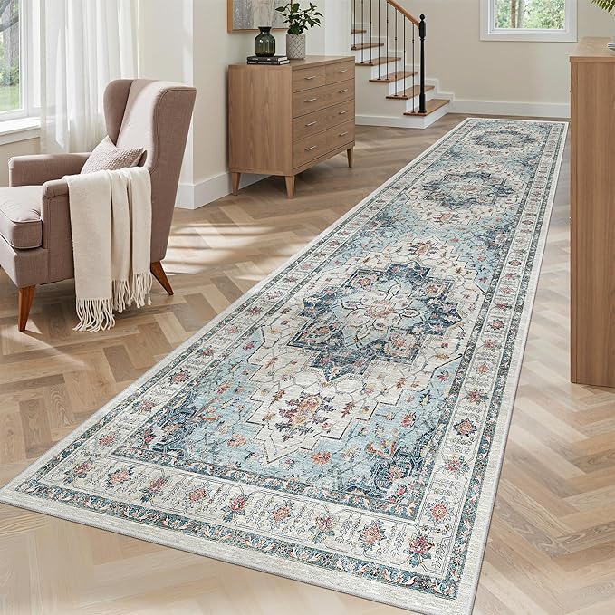 Madane Hallway Runner Rug 2'6''x10' Kitchen Runner, Non Slip Vintage Runners for Hallways Washable Kitchen Rugs Soft Low Pile 2.5x10 ft Rug Runner for Laundry Room, Entryway and Bedroom, Blue