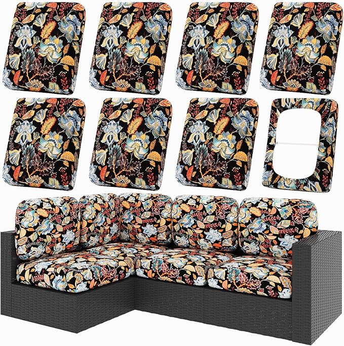 hyha 8Pcs Patio Cushion Covers, Stretch Outdoor Couch Cushion Covers Replacement, Washable Outdoor Chair/Sofa Slipcovers for Patio Furniture Cushions Protector with Elastic Bottom(Floral,Cover Only)