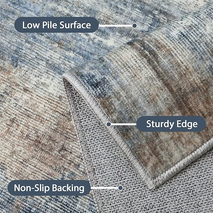 BEIMO Area Rugs 6x9 for Living Room Bedroom, Modern Abstract Machine Washable Rug, Large Soft Low Pile Floor Carpet with Non Slip Backing for Dining Room, Denim Blue/Taupe