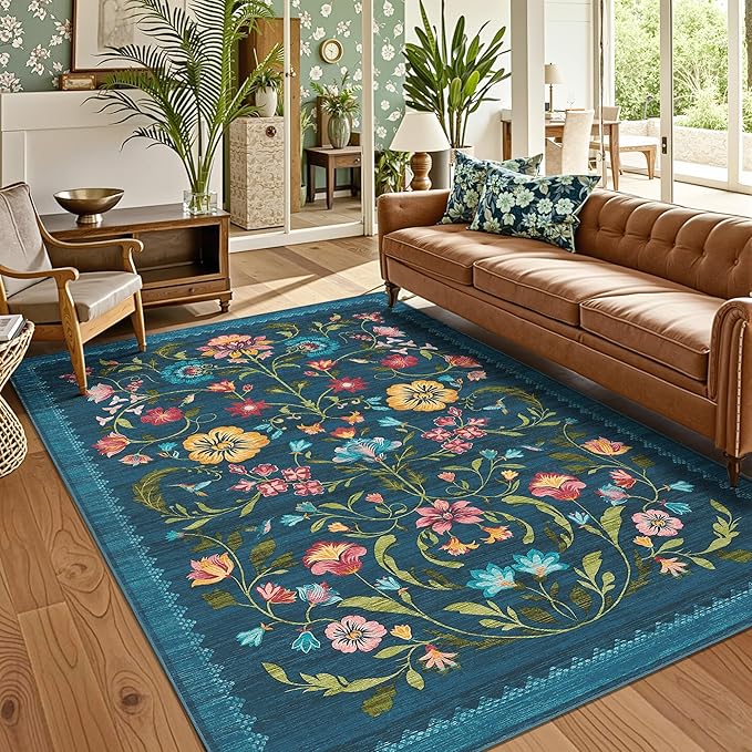 GarveeHome Washable Rug 9x12 Area Rugs for Living Room, Floral Rug for Bedroom, Soft Vintage Non Slip Throw Rugs with Rubber Back, Low Pile Stain Resistant Boho Floral Carpet for Dining Room, Blue