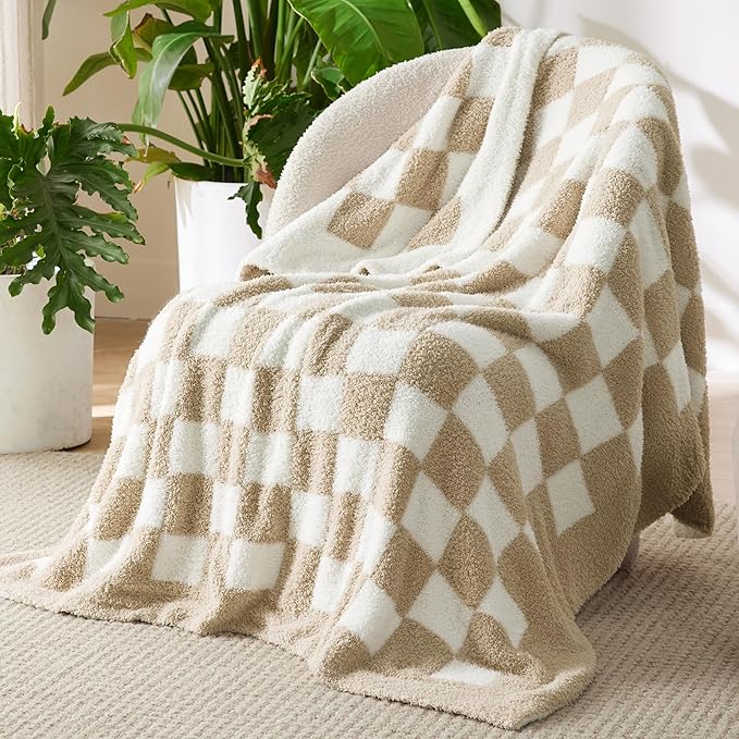 Bedsure GentleSoft Checkered Twin Blanket for Couch, Super Soft Cozy & Warm Knit Throw Blanket, Lightweight & Fluffy Plaid Blankets for Bedding, Sofa, Gifts for Women Men, Beige, 60x80 Inches