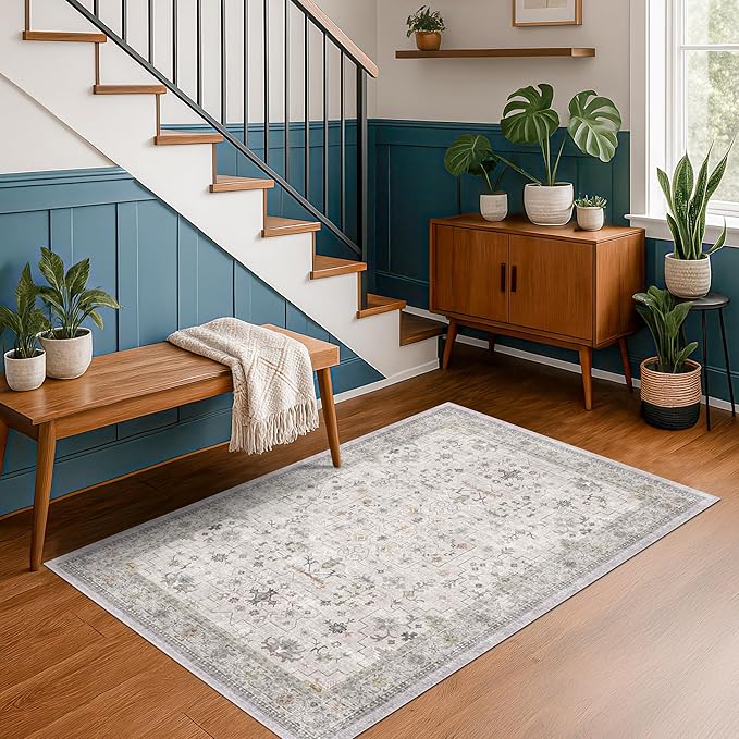 Hazo Haus Boho 4x6 Living Room Rug - Light Grey Modern Vintage Eclectic Floral Pastel Neutral Taupe, Washable Low Pile Non-Slip Area Rugs for Kitchen, Mudroom, Bedroom Beside Bed, Office