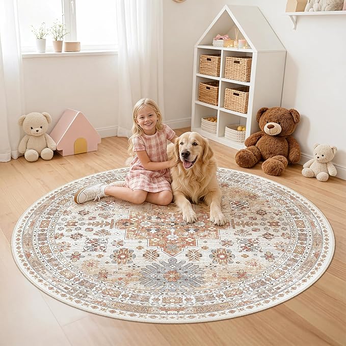 zesthome Washable Round Area Rugs - Non-Slip 6ft Round Rugs, Ultra-Thin Large Circle Rugs for Living Room, Soft Low Pile Rug for Bedroom, Kitchen, Nursery - Vintage Stain Resistant Round Rug
