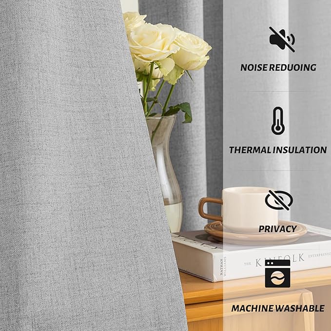 Yakamok Dove Grey Linen Curtains 100% Blackout 90 Inches Long,Room Darkening Textured Curtains for Living Room Thermal Grommet Bedroom Curtain 2 Panels with Greyish White Liner