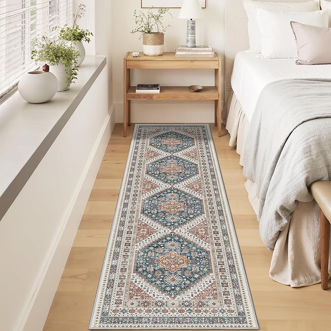 Runner Rug 2x8 Runners for Hallways Non Slip Washable, Vintage Hallway Runner Rugs for Living Room, Low Pile Soft Hallway Rug for Kitchen Bedroom Laundry Room Rug(Blue/Red,2'x8')