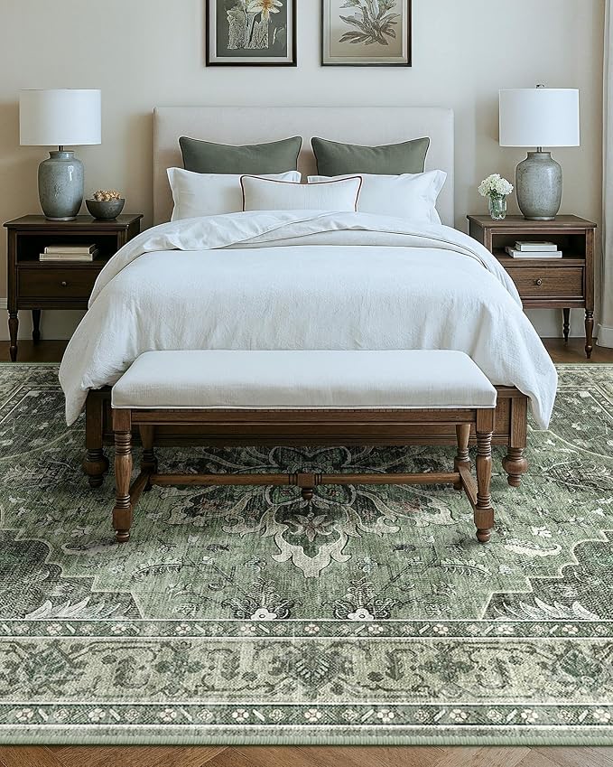 Area Rugs 10'x14' Washable Non-Slip, Floral Vintage Distress Print Pattern Medallion Carpet for Living Room Bedroom Dining Room, Dark Green Gray