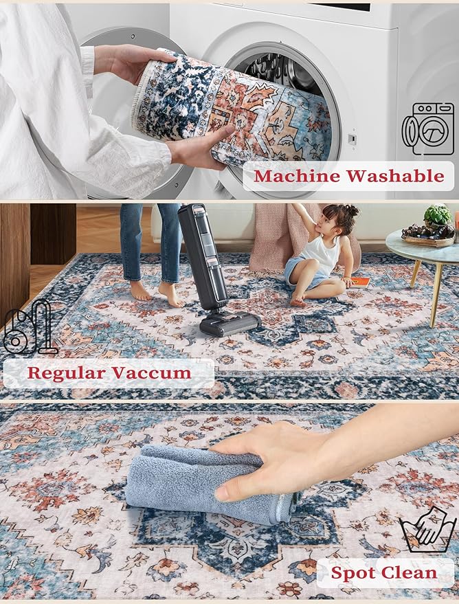 SERISSA Boho Kitchen Runner Rug, 3x7 Washable Non-Slip Runner Rug for Hallways Kitchen Rug, Ultra Soft Vintage Blue Orange Print Distressed Tribal Floor Carpet Runner for Bedroom Entryway Laundry Room