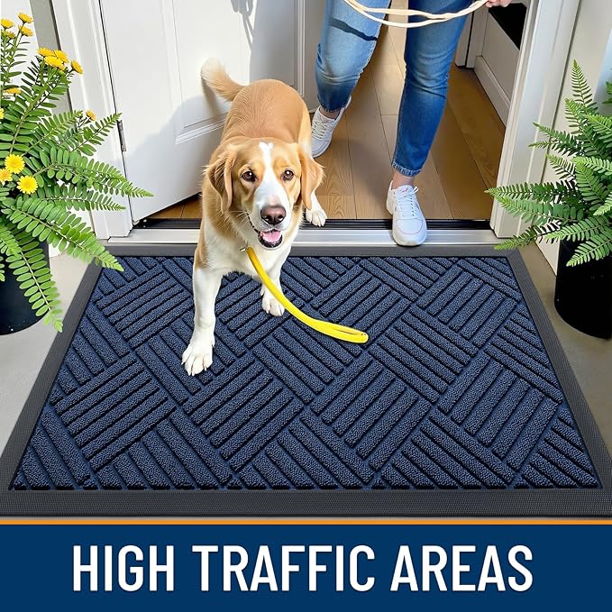 OLANLY Front Door Mat Outside Entrance 59x34, Absorbent, Heavy Duty Sturdy Natural Rubber Doormat Indoor Outdoor, Stain Fade Resistant, Non-Slip Low Profile Floor Mat for Entryway, Navy Blue Diamond