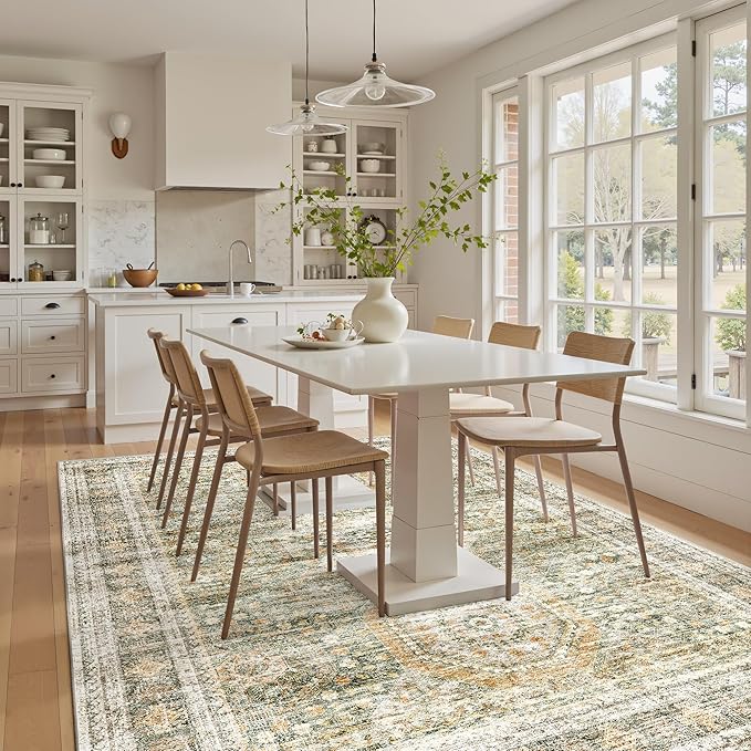 5x7 Area Rugs Green Orange Low Pile Indoor Washable Trendy Faded Style Rugs for Bedroom Living Room Dining Room Foldable Non-Slip Thin Print Mat
