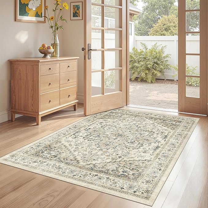 3x5 Area Rugs for Entryway, Kitchen Rugs Non Slip Washable for Dining Room, Vintage Floral Soft Living Room Area Rug, Thin Rug Indoor for Bedroom, Kids Room Decor(Brown,3x5)