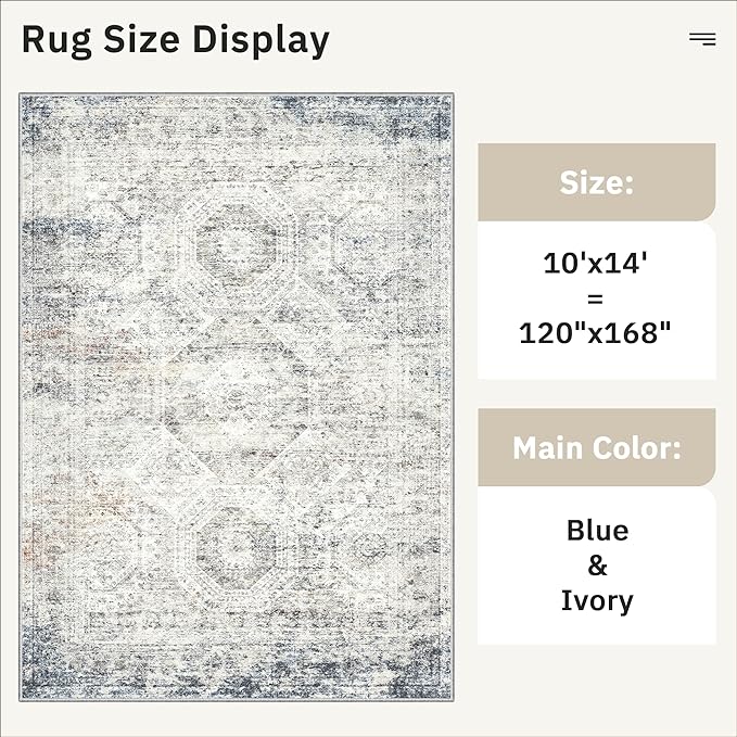 10x14 Area Rugs for Living Room, Non Slip Machine Washable Vintage Rugs, Low Pile Lightweight Large Rug for Bedroom, Dining Room, Home Office Blue Ivory