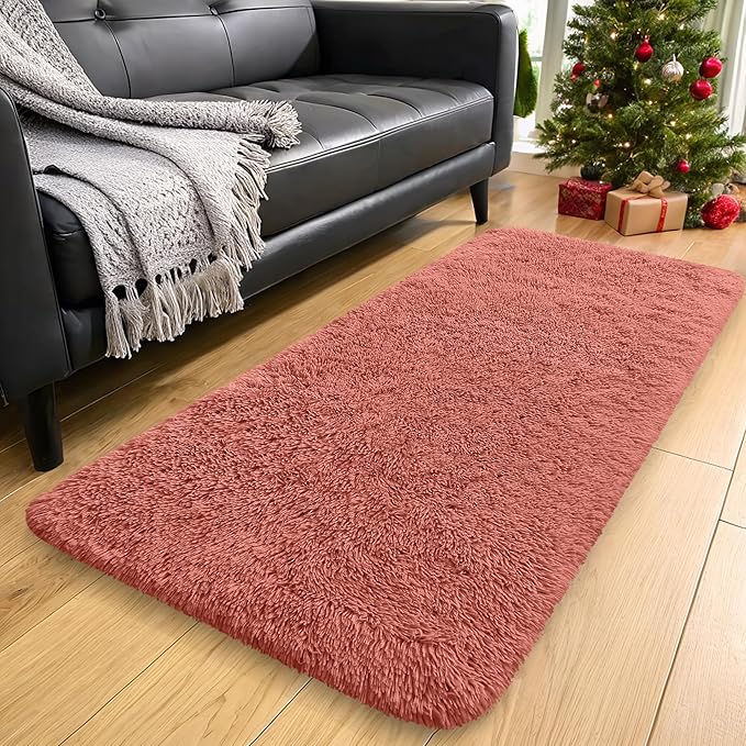 OLANLY 2x8 Machine Washable Runner Rugs for Hallway, Soft Fluffy Shaggy Bedside Rugs for Bedroom, Living Room, Indoor Floor Carpet for Kids Girls and Boys, Home Decor Aesthetic, Rust Red