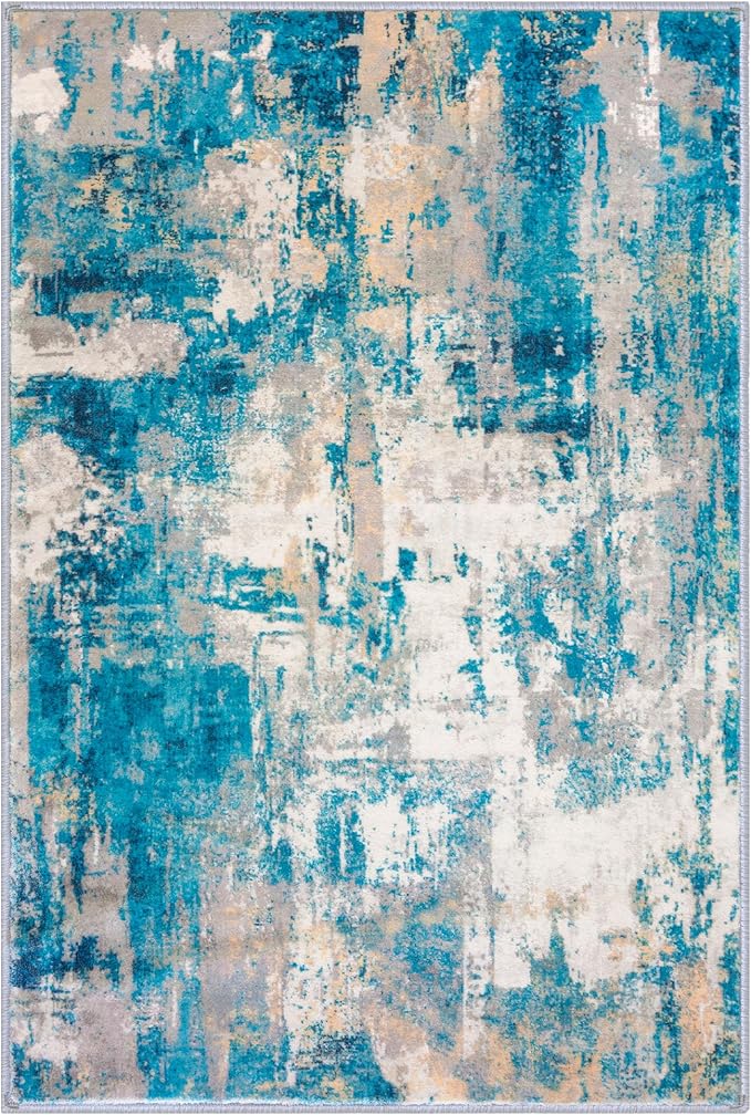 KOZYFLY Modern Abstract Area Rugs 8x10 Turquoise/Beige/Grey/Yellow Machine Washable Thin Rug for Bedroom Non-Slip Living Room Rug, Faux Wool Soft Low Pile Carpet for Dining Room, Bedroom, Bathroom